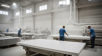 Cuatro hombres en un taller industrial con maquinaria, mesas de trabajo y grandes placas blancas apiladas, en un ambiente con polvo visible en el aire.