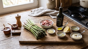 Espárragos verdes atados, panceta en cubos, ajo picado, queso rallado, limón, aceite de oliva, sal y pimienta sobre una tabla de cortar de madera.