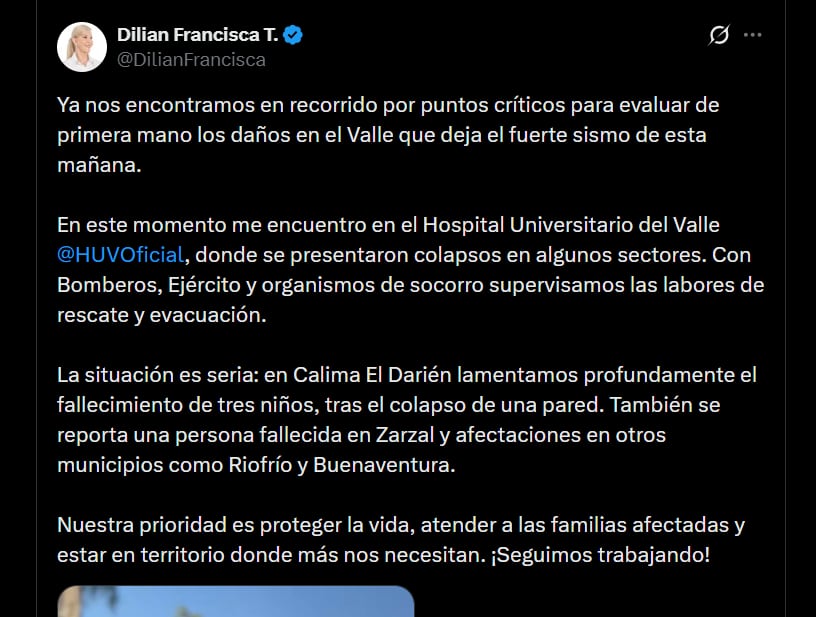 La gobernadora del Valle confirmó la muerte de cuatro personas en los municipios de Carmen El Darién y Zarzal - crédito X