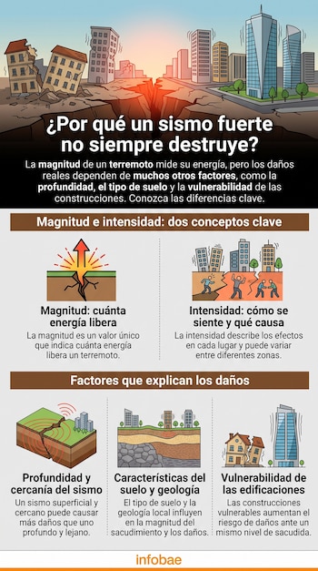 Infografía con ilustraciones de edificios, grietas en el terreno y texto explicativo sobre magnitud, intensidad y factores de daño sísmico.