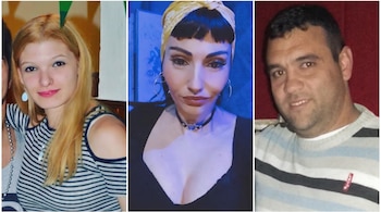 Montaje fotográfico con tres retratos: mujer de cabello rubio, mujer con pañuelo amarillo, y hombre con suéter a rayas.