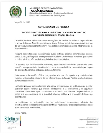 La Policía calificó como violentos los hechos ocurridos en Ataco (Tolima) y señaló que ya se iniciaron las acciones para esclarecer lo sucedido. - crédito Policía