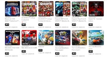Pantalla de tienda de videojuegos online. Se ven 13 portadas de juegos con descuentos y precios, incluyendo Battlefront II, College Football, Diablo IV y The Crew Motorfest