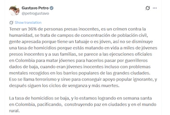 El mandatario colombiano aseguró que mantener un alto porcentaje de personas privadas de la libertad sin haber cometido delitos constituye un crimen contra la humanidad - crédito @petrogustavo/X