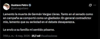 El presidente Gustavo Petro lamenta la muerte de Germán Vargas Lleras - crédito @petrogustavo / X