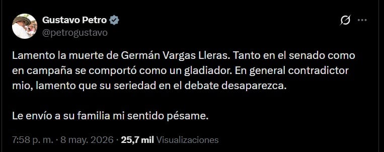 El presidente Gustavo Petro lamenta la muerte de Germán Vargas Lleras - crédito @petrogustavo / X