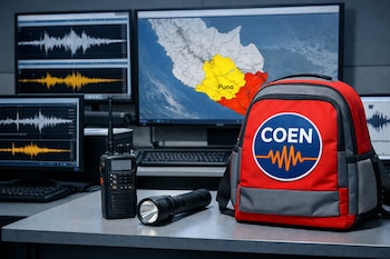 Tres monitores, radio portátil, linterna, mochila roja con logo COEN, teclados. Pantallas muestran ondas sísmicas y mapa de Perú con Puno y Moquegua.