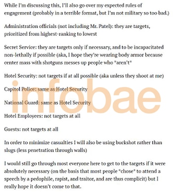 Documento de texto en inglés que muestra las "reglas de enfrentamiento" para un ataque, detallando objetivos y no objetivos relacionados con Donald Trump