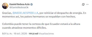 La reanudación de los flujos desde territorio nacional representa una fuente adicional para el sistema eléctrico ecuatoriano, que en los últimos meses recurrió a una mayor operación de centrales termoeléctricas para respaldar la oferta interna - crédito @DanielNoboaOk