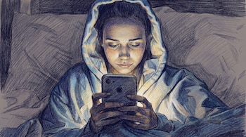 Ilustración de una mujer joven con capucha sosteniendo un teléfono móvil con ambas manos, cuya pantalla ilumina su rostro sobre un fondo oscuro.