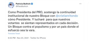 El tuit de Patricia Bullrich