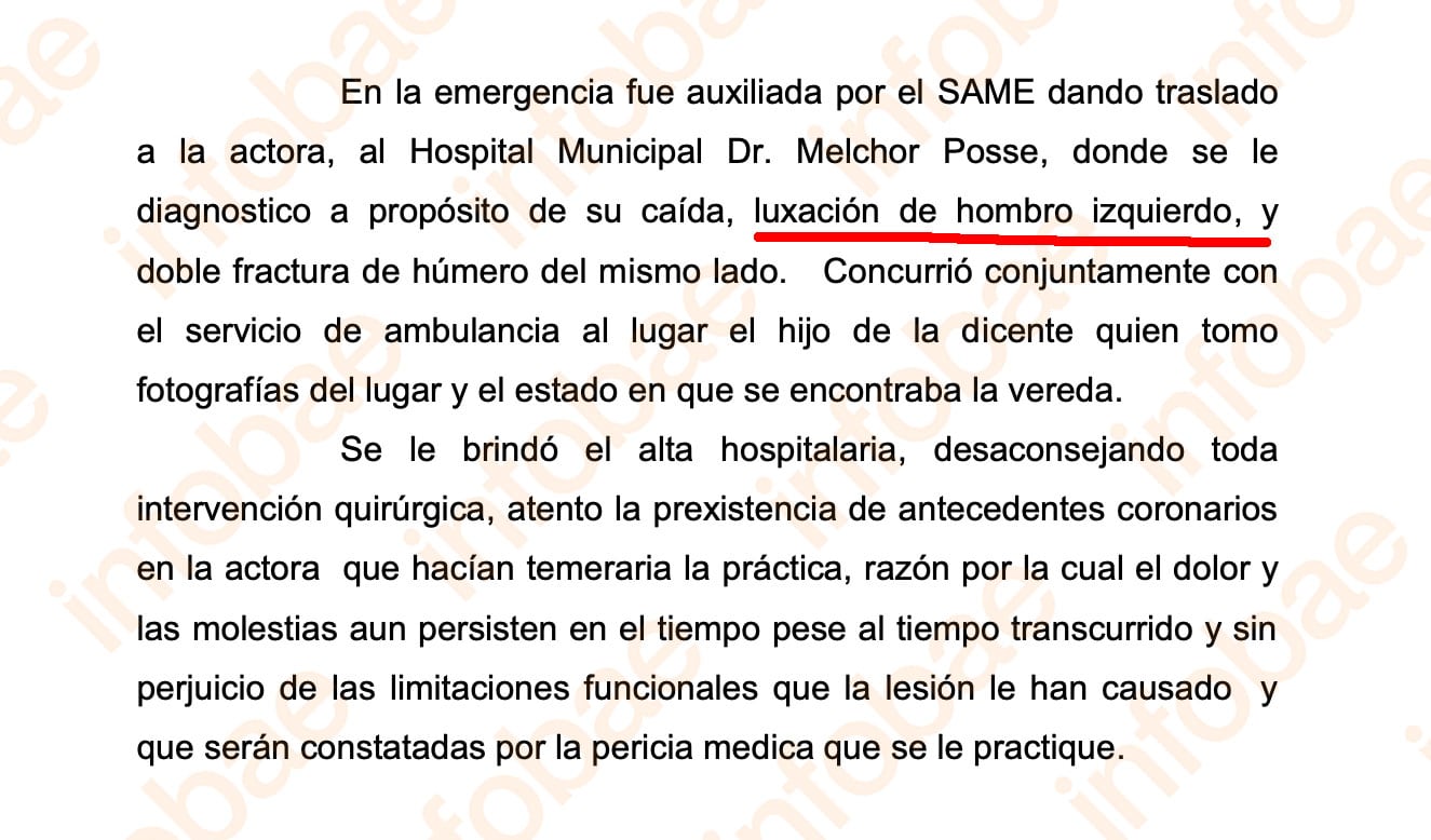 La demanda por indemnización afirmó que la caída causó lesiones en el brazo y hombro izquierdo, pero la pericia judicial ubicó las secuelas en el miembro superior derecho.
(Poder Judicial)