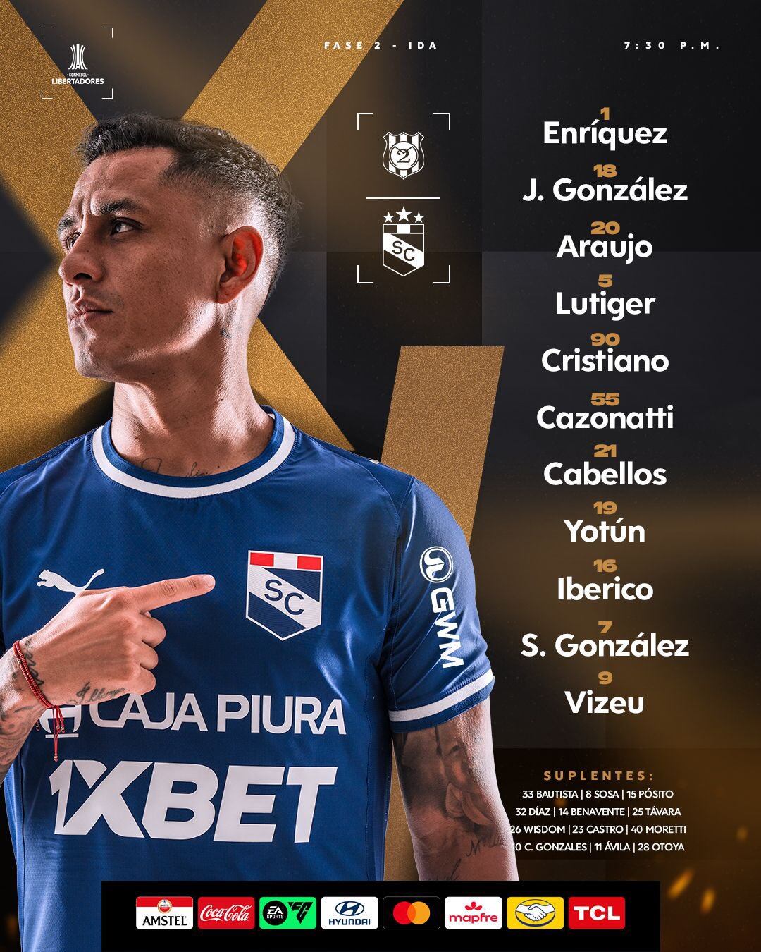 Once de Sporting Cristal para el duelo ante 2 de Mayo por la Copa Libertadores 2026 - Crédito: Club Cristal.