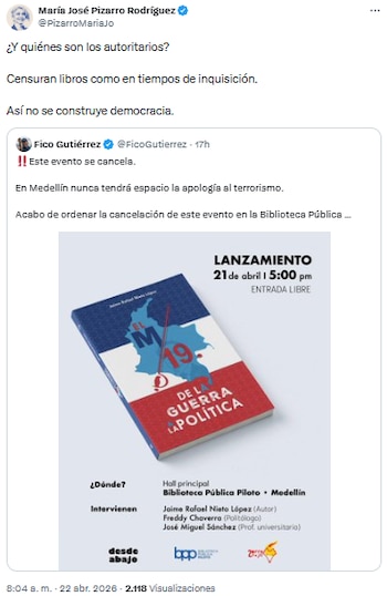 María José Pizarro criticó censura de libros y llamó a defender la pluralidad en el debate histórico - crédito @PizarroMariaJo/X