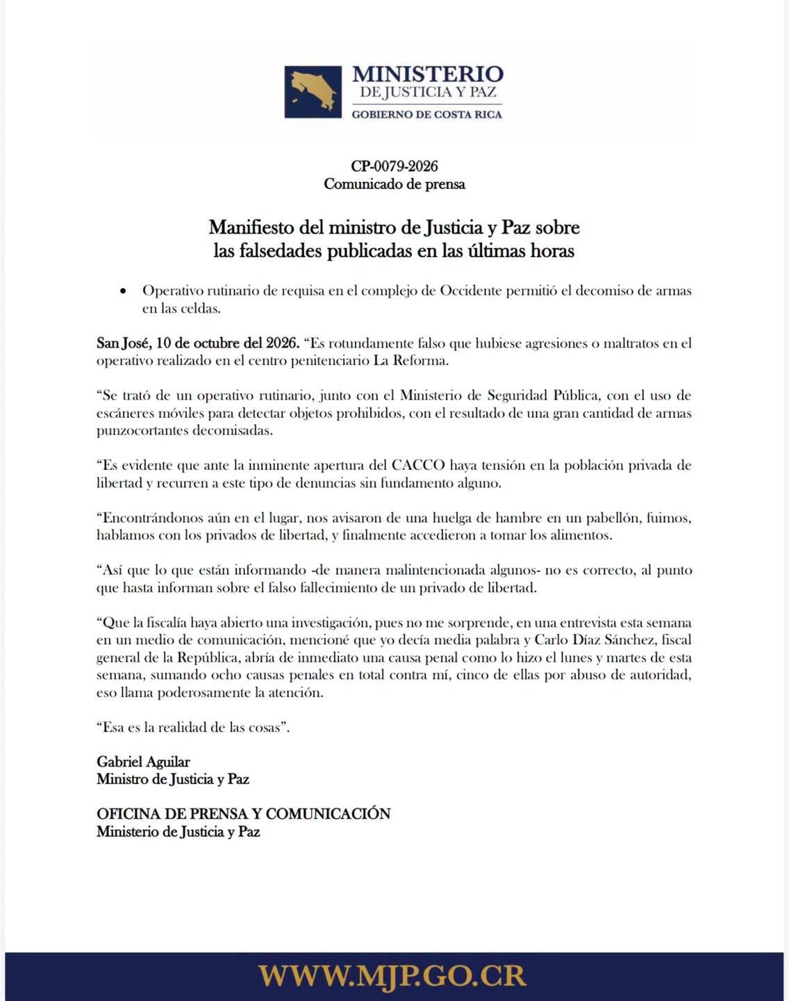 El operativo de inspección en el penal permitió el decomiso de armas punzocortantes. (Cortesía: Ministerio de Justicia y Paz)