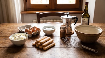 Huevos, mascarpone, azúcar, bizcochos, cafetera, cacao, botella de vino, batidor y tazón sobre una mesa de madera frente a una ventana.