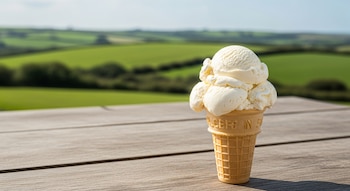 Un cono de helado con bolas de crema de color marfil sobre una mesa rústica de madera. Al fondo se ven campos verdes y un cielo despejado.