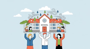 Ilustración de tres adultos sosteniendo un edificio escolar con niños dentro, mientras caen gotas de lluvia y sopla el viento.