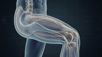 Perfil anatómico en tres dimensiones de una pierna con músculos, huesos y un filamento luminoso que va desde la rodilla hasta la columna lumbar.