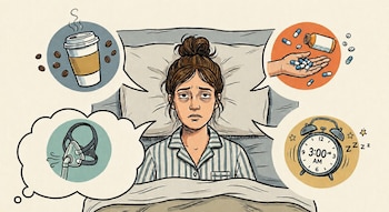 Ilustración de una mujer con ojeras en la cama, rodeada de burbujas de pensamiento con una taza de café, pastillas, una máscara CPAP y un reloj que marca las 3 AM