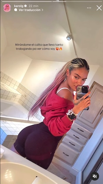 La Bichota no tuvo problema en lucir sus gluteos en redes sociales, tras una sesión de ejercicio - crédito @karolg/Instagram