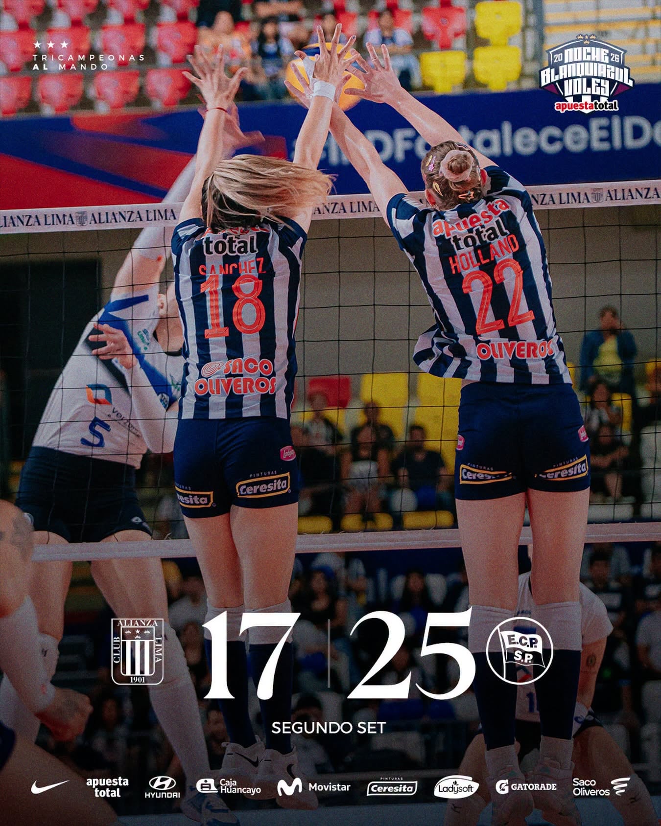 Alianza Lima cedió el segundo set por 17-25 ante Pinheiros. Crédito: Prensa AL