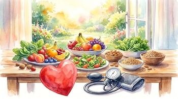 Ilustración en acuarela de una mesa con platos de frutas, verduras, frutos secos y cereales. Un corazón rojo y un tensiómetro están en primer plano frente a una ventana luminosa.