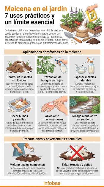 Infografía ilustrada sobre la maicena en el jardín. Presenta siete usos para control de plagas, hongos, espesado, conservación, piel, caminos y suelos.