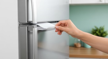 Una mano sostiene una hoja de papel blanco entre el marco y la junta de la puerta superior de un refrigerador plateado en una cocina moderna con fondo verde agua.