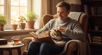 Hombre sentado en un sillón con un gato en su regazo, leyendo un libro. Hay una mesa auxiliar con una taza de té y gafas, y plantas en una ventana.