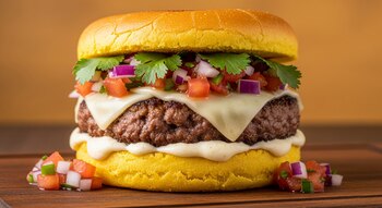 Hamburguesa norteña con pan de maíz amarillo, medallón de carne, queso fundido y salsa criolla de tomate, cebolla, morrón y cilantro sobre tabla de madera.