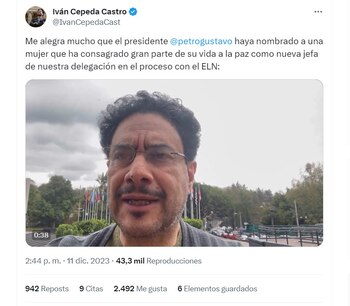 Iván Cepeda dice que le alegra el rol que tendrá Vera Grabe en las negociaciones con el ELN - crédito @IvanCepedaCast