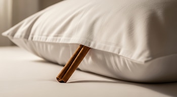 Una rama de canela y una almohada blanca sobre una superficie lisa de color claro.