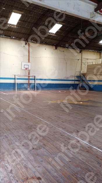 Cancha deportiva de madera con aro de baloncesto, portería de fútbol, paredes claras con franjas azules, techo a dos aguas y gradas