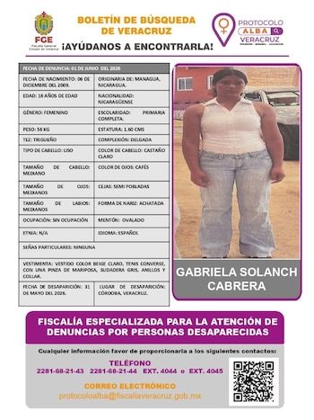 La Comisión Estatal de Búsqueda y el Protocolo Alba reiteran la urgencia de brindar cualquier dato que permita localizar a Gabriela.