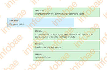 Globos de mensaje de texto en verde y azul que contienen conversaciones escritas sobre un ataque planificado