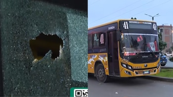 Una imagen partida muestra a la izquierda un cristal roto con un orificio central y a la derecha un bus amarillo de la Línea 41 estacionado en la calle