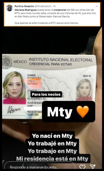 Mariana Rodríguez Cantú, precandidata de Movimiento Ciudadano a la alcaldía de Monterrey mostró su INE para confirmar que sí vive ahí