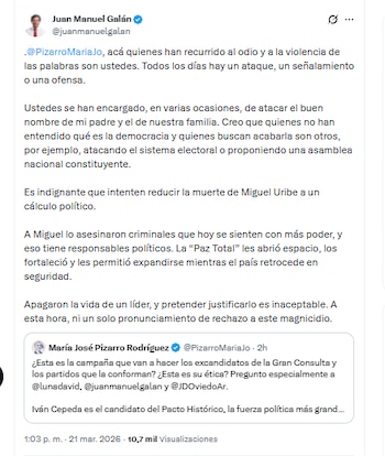 El excandidato presidencial Juan Manuel Galán señaló a los políticos afines a Iván Cepeda de minimizar el asesinato de Miguel Uribe a un cálculo político - crédito @juanmanuelgalan/X