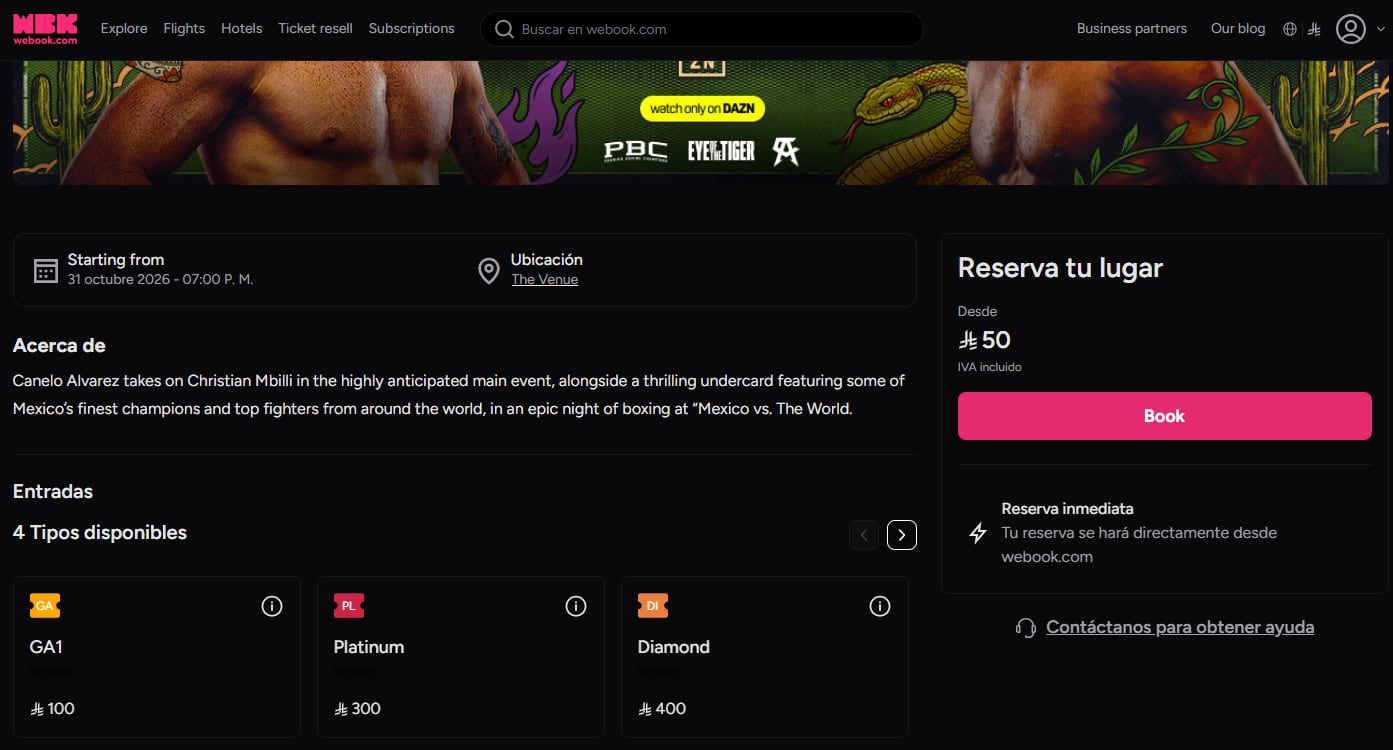 Los precios de las entradas para la función van de los 50 a los 400 riales saudíes, equivalentes a un máximo aproximado de mil 920 pesos mexicanos. (Captura de pantalla)