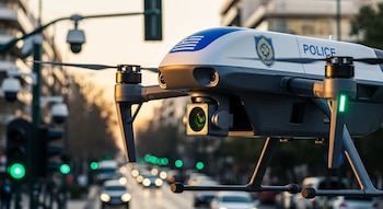 Primer plano de un dron de vigilancia policial con símbolo griego sobre avenida urbana, tráfico vehicular desenfocado, semáforos verdes y cámaras de seguridad.