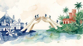 Ilustración de acuarela con manos que forman un puente, figuras humanas caminando, edificaciones, un volcán y palmeras a ambos lados sobre el agua.