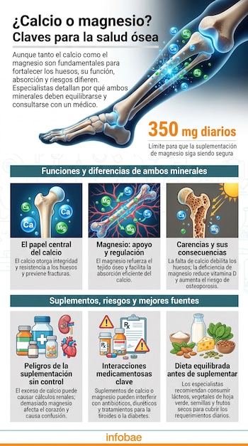 Infografía de una pierna humana con partículas de calcio y magnesio que explora su rol en la salud ósea, riesgos de suplementos y fuentes.