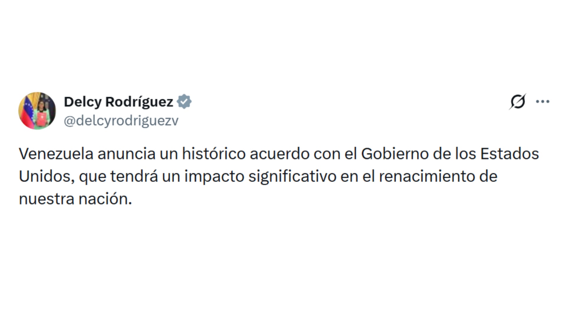 El mensaje de Delcy Rodríguez vía X tras el acuerdo histórico entre Caracas y Washington (@delcyrodriguezv)