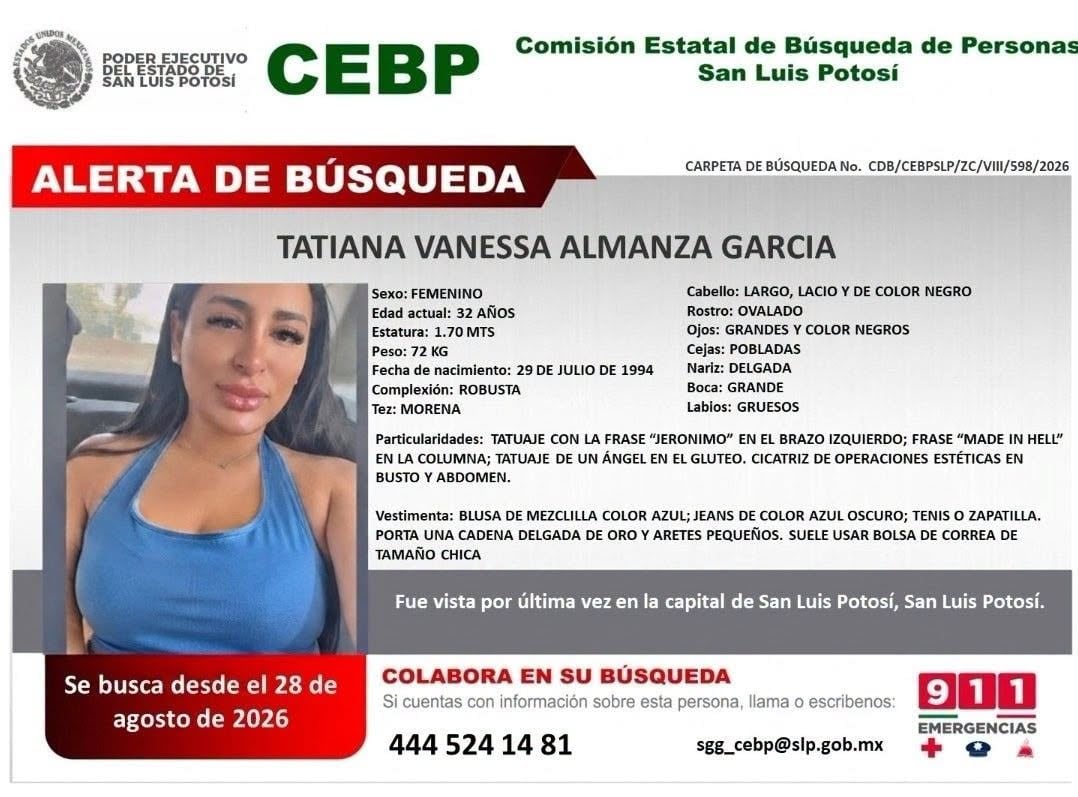 Tatiana Vanessa fue vista por última vez el pasado 28 de agosto en San Luis Potosí. Crédito: CEBP