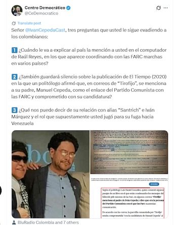 El Centro Democrático lanzó tres preguntas que, afirma, Iván Cepeda sigue sin responder - crédito @CeDemocratico/X
