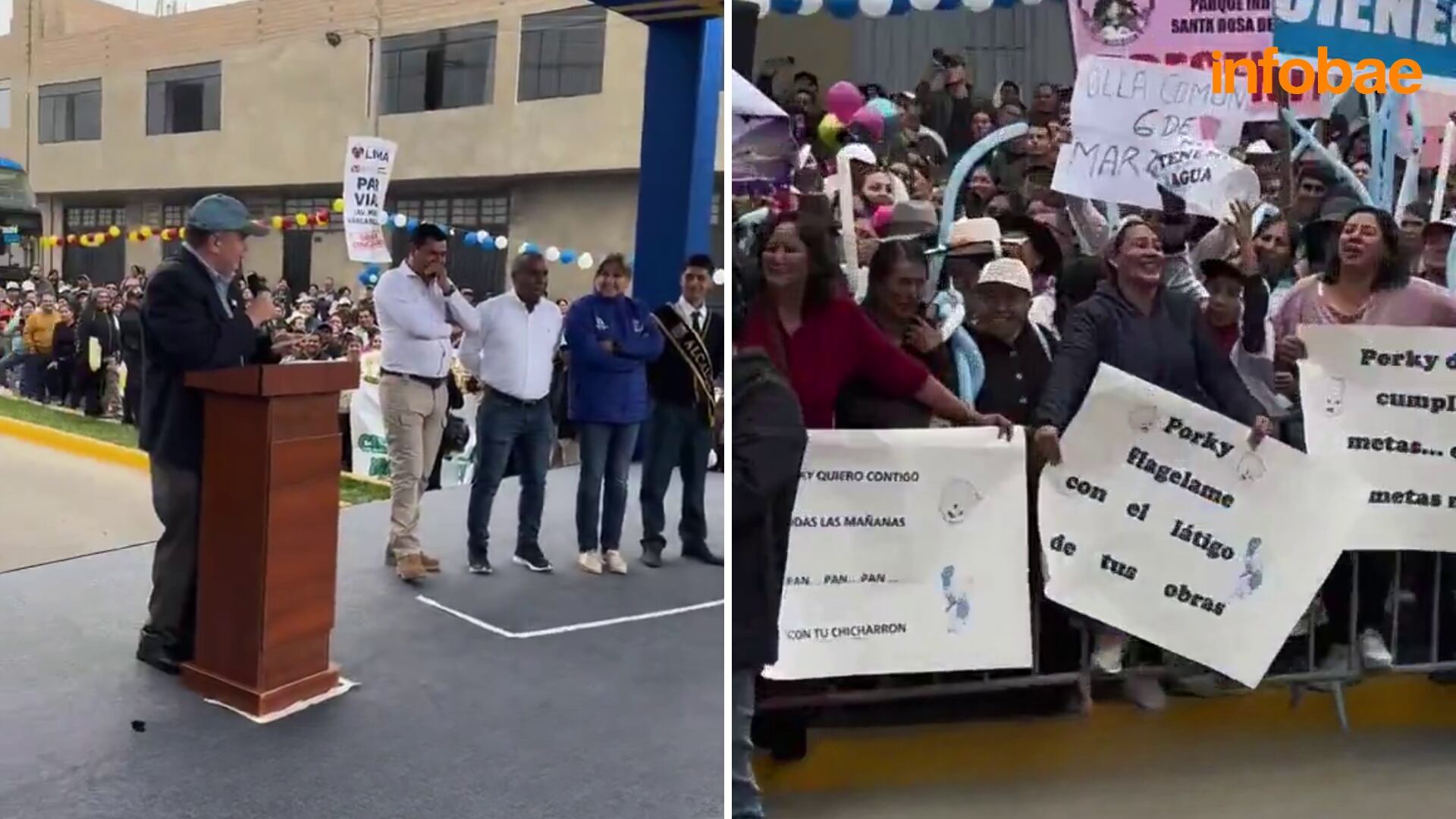 Los carteles de doble sentido dirigidos a López Aliaga desataron risas y comentarios en la inauguración de la avenida Mario Vargas Llosa, que une Pachacámac y Cieneguilla. - Crédito: Infobae Perú