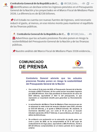 El máximo órgano de control fiscal señaló que, si el Estado no cuenta con nuevas fuentes de ingresos, será necesario reducir el gasto para mantener el equilibrio de las finanzas públicas - crédito @CGR_Colombia/X