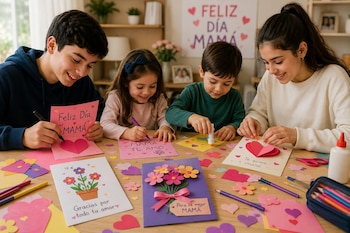 Cuatro niños, dos niños y dos niñas, sentados en una mesa de madera, sonriendo mientras hacen manualidades con papel, pegamento y marcadores para el Día de la Madre