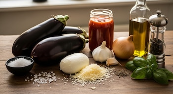 Primer plano de berenjenas, sal gruesa, quesos, ajo, cebolla, tomate triturado, albahaca fresca, aceite de oliva y pimienta en una mesa de madera.